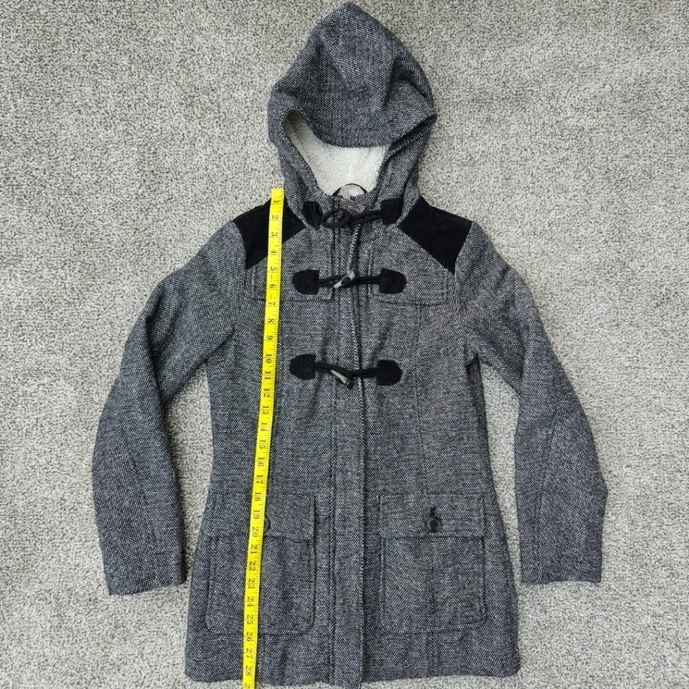 Prana Megan Black Tweed Duffle Wool Blend Jacket Sherpa Hood Toggle Womens XS